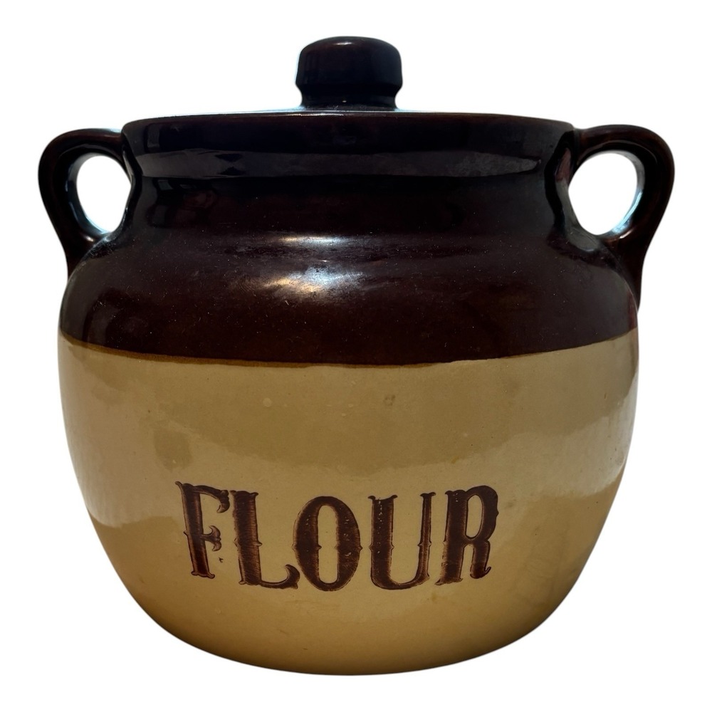 Vintage Monmouth USA Stoneware FLOUR Canister Crock Brown Tan Glaze Lid READ